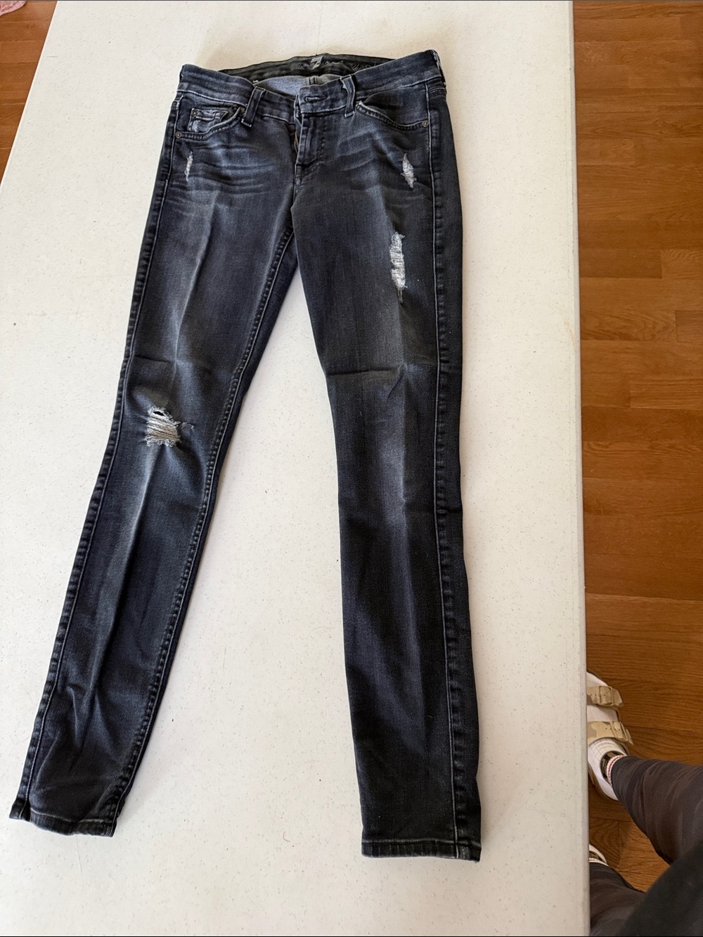 7 For All Mankind Washed Black Skinny Jeans with Distressed Detail
